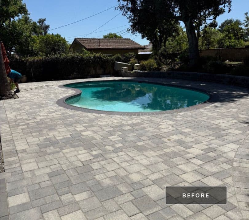 Faded paver pool deck before cleaning and sealing by Window Wizards in Los Angeles