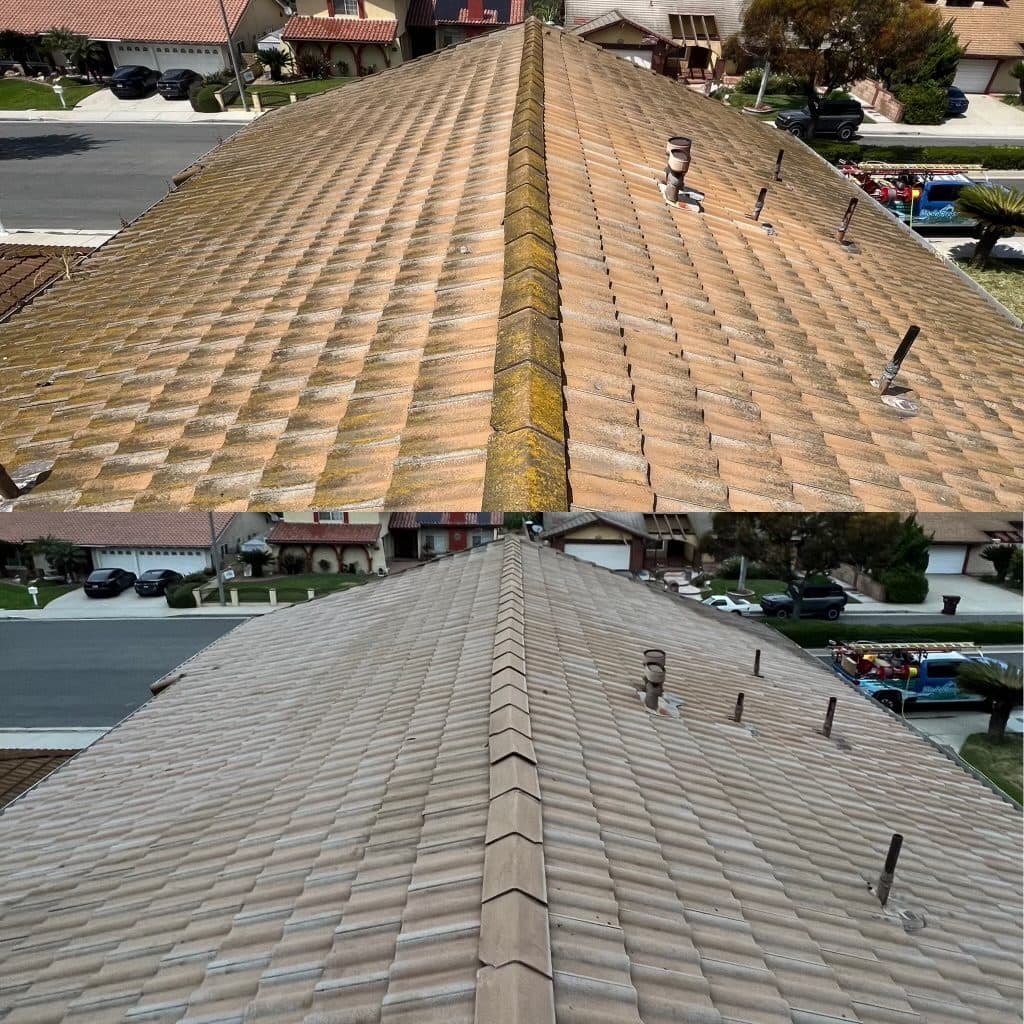 Before and after of a tile roof soft-washed by Window Wizards, moss and algae removed