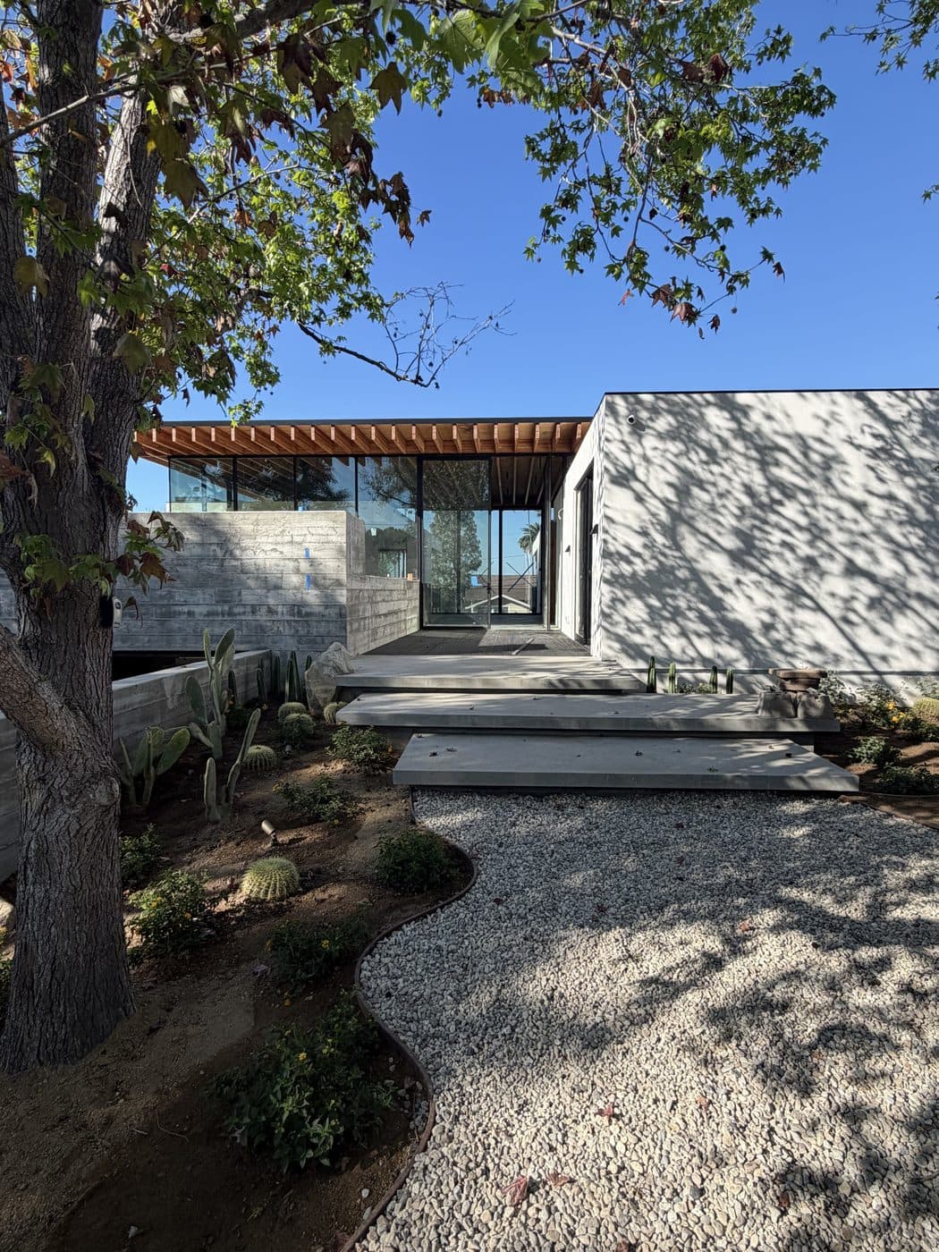 A modern Los Angeles home with clean glass walls and desert landscaping by Window Wizards